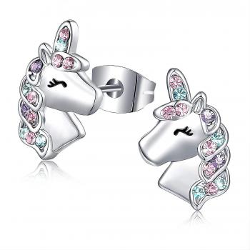 Pendientes de unicornio plateados para niñas, hipoalergénicos, lindos, CZ, aros