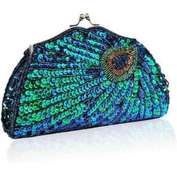 Bolso de mano brillante de lujo con patrón de pavo real