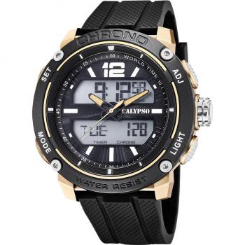 Reloj Calypso Hombre K5796/3 Analógico-digital con Caja Negra/Dorada y Correa de Goma Negra