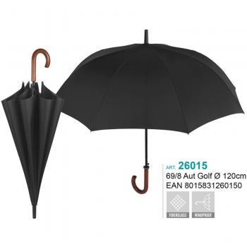 Paraguas Automático Negro Mango Madera Antiviento 69Cm Perletti