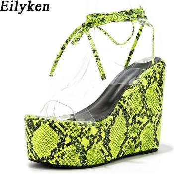 Eilyken sandalias gladiadoras verano dama PVC transparente tobillo cordones verde serpiente cuñas altas plataforma