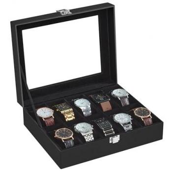Caja de Relojes con Tapa de Cristal y Compartimentos Extraíbles, Negra