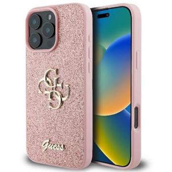 Carcasa Guess PU Fixed Glitter 4G rosa con logo metálico para iPhone 16 Pro