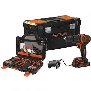 BLACK+DECKER BDCHD18S1KA, Taladro Percutor 18 V con set de 104 Accesorios, 1 Batería de Litio 1.5 Ah y Caja de Herramientas