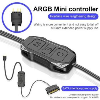 Controlador AR-1 ARGB con cable extendido para compatibilidad universal 3-pin a SATA, mini controlador RGB negro