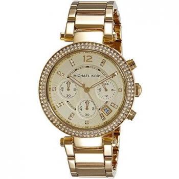 Michael Kors Reloj Parker para mujer, movimiento cronógrafo, caja de acero inoxidable dorado de 39 mm con correa de acero inoxidable, MK5354