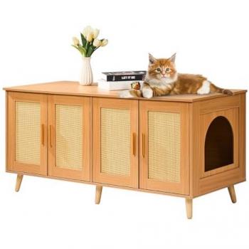 Mueble Oculto para Gatos de 2 Compartimentos, 1,19 x 0,5 x 0,55 m, con Puertas de Ratán