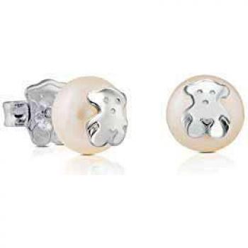 TOUS Pendientes de Plata de Primera Ley con Motivo de Oso y Perla de 0.85 cm