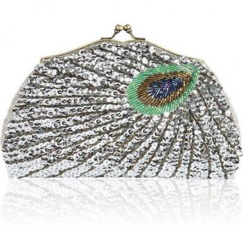 Bolso de mano brillante de lujo con patrón de pavo real