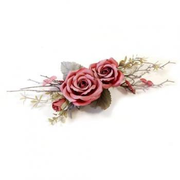 COMPO ARTIFICIELLE BRANCHES ROSES GIVRE ROUGE 35CM