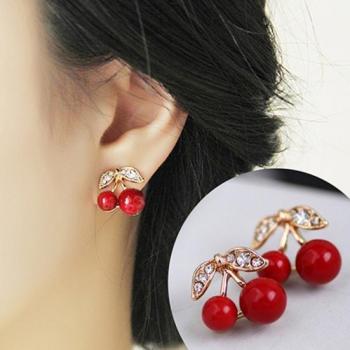 Pendientes “Hoja Dorada” con Cuentas de Diamante Imitación en Cereza Roja