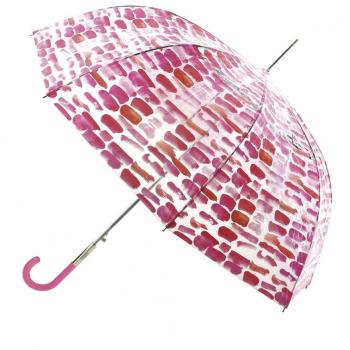 Diseño y funcionalidad se fusionan en Este Paraguas VOGUE Transparente de Apertura automática y con Sistema antiviento. Cuatro Atractivos Estampados. (Estampado Pinceladas Rosas)