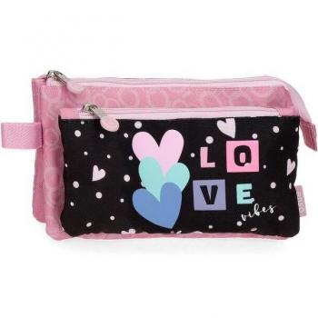 Estuche Enso para niños tres compartimentos negro, rosa -22x12x5cm
