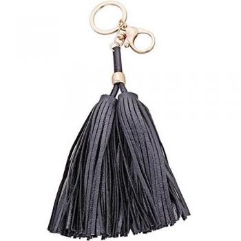 Beetest Cuero Doble Borla Llavero Rotativo Negro