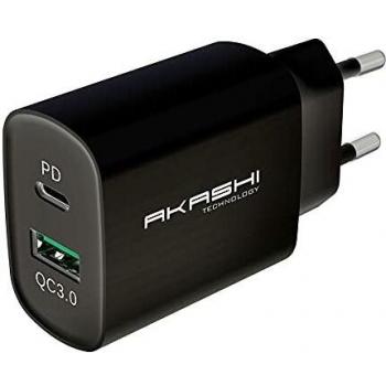Caricatore Muro Doppio USB-A e USB-C 20W Akashi Nero