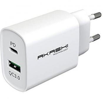 Caricatore da Muro Doppio USB-A QC 3.0 e USB-C PD 20W Akashi Bianco