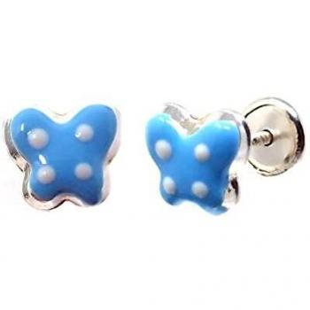 Pendientes de plata Ley 925 para niña 7mm mariposa esmaltada azul con lunares tornillo