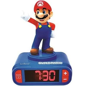 Lexibook Nintendo Super Mario-Reloj Despertador con Pantalla LCD Digital, quitamiedos niño, Azul/Roja RL800NI