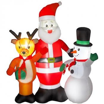 Papá Noel Inflable 150 cm con Reno, Muñeco de Nieve y Luces LED – Kit de Decoración Navideña con Inflador Eléctrico
