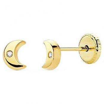 Pendientes de oro 18K para bebé 4.5mm. luna lisa con circonita y cierre de tuerca