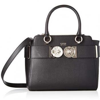 Guess Carina Society Satchel, Bolso de Mensajero para Mujer, Negro, 12x23x28 Centímetros