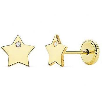 Pendientes de oro 18K para niña 6mm. estrella lisa con circonita y cierre de tuerca