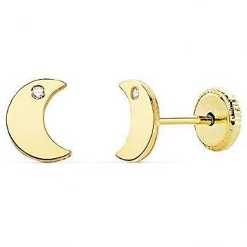 Pendientes de oro 18K para niña 6.5mm. luna lisa punta circonita cierre tuerca