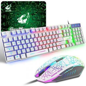 Tastiera e Mouse da Gioco, Layout Tedesco QWERTZ Gaming Tastiera Retroilluminato a LED Colore Arcobaleno, Mouse 6 Tasti 2400 DPI e Tappetino per Mouse, USB Cablato per PS4 XBox, Bianca