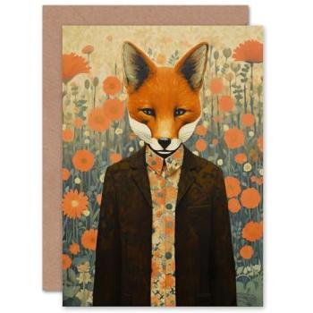 Foxy Dresser: Autumn Fox Suit Floral Greeting Card
