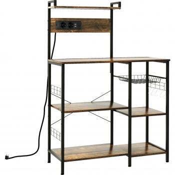 HOMCOM Estantería de Cocina para Microondas con Toma de Corriente Cargador USB 5 Ganchos 90x42x130 cm Marrón Rústico