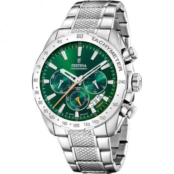Reloj Festina Timeless Chronograph F20668/3 Verde Correa De Acero Inoxidable 316l, Hombre