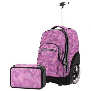 Pack escolar con estuche de tres compartimentos camuflaje rosa