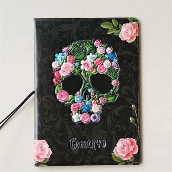 Cubierta de Pasaporte Esqueleto Rosa Vintage 3D de PVC con Bolsa para ID y Tarjeta de Crédito 14*10CM