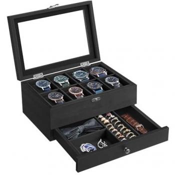 Caja de Relojes de Madera con Tapa de Cristal y Terciopelo, 8 Ranuras