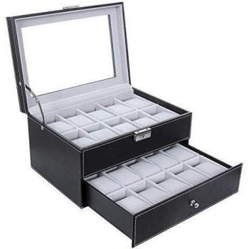 SONGMICS Caja de Relojes, Estuche de Relojes con Tapa de Cristal de 2 Niveles, con Cerradura, 1 Cajón, para Anillos, Pulseras, Regalo Ideal, Cuero Sintético Negro y Forro Gris JWB020