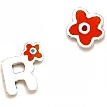 Pendientes Agatha Ruiz de la Prada colección ABECEDARIO plata Ley 925m inicial R corazón naranja