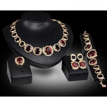 Juego de joyería nupcial con colgante de circonita roja y verde, anillo y pendientes