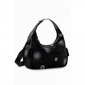 Bolso Hobo Jimena Nylon Negro con Bordados Metalizados