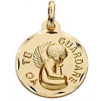 Medalla de oro 18k YO TE GUARDARÉ 16mm. angelito borde tallado