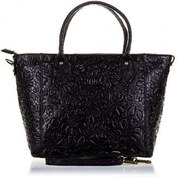 Bolso Tote de Mujer Firenze Artegiani en Piel auténtica, Grabado Arabesco, 28.5 cm, Negro