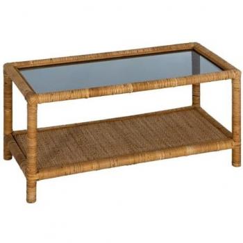 Mesa Central Beige con Marco de Cristal y Accesorios de Ratán