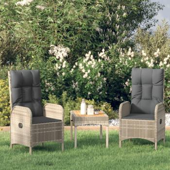 Set de muebles de jardín 3 pzas y cojines ratán sintético gris
