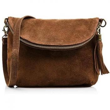Bolso Bandolera de Mujer Firenze Artegiani en Piel auténtica, Acabado Gamuza, 24 cm, Marrón Oscuro