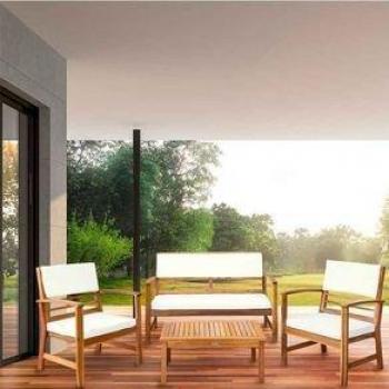 Conjunto de jardín Aktive Garden mesa de centro+2 sillones+bancon con cojines natural/blanco