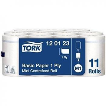 Tork 120123 Paper Towels Basic Universal Single Layer Compatible with Small Central Feed System M1, White, 11 Rolls x 120m