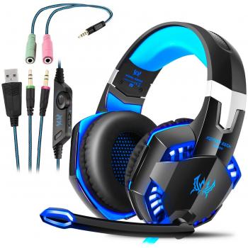 Cuffie da gaming professionali per PS4, PC, computer, cavo da 3,5 mm, microfono stereo con cancellazione del rumore e controllo del volume, design ergonomico, peso leggero (blu)
