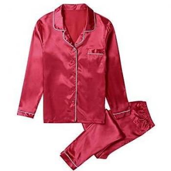 Womens Silk Satin Pajamas Set Long Sleeve Nightwear
