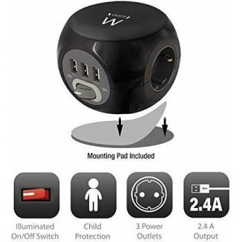 EWENT MULTIPRESA 3 POS. CUBO CARICATORE USB