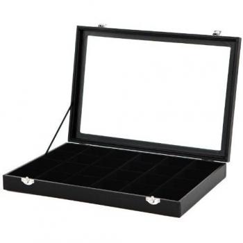 SONGMICS Joyero con 24 compartimentos, organizador de joyas con revestimiento de terciopelo, tapa de cristal y cierre, idea de regalo, color negro, 35 x 24 x 4,3 cm