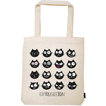 Moses Ed, El Gato Shopper Edyoucation | Bolsa de tela 100% algodón | Bolsa de compra Bandolera 42 centímetros Marfil
